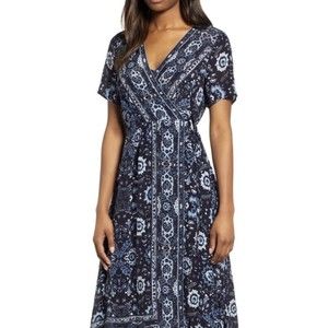 Lucky Brand SZ XS Womens Blue Floral Wrap‎ Short Sleeve Dress